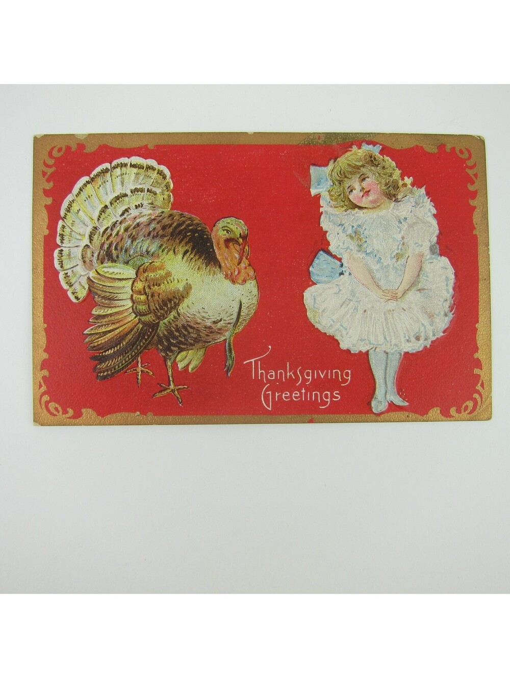 Thanksgiving Postcard Wild Turkey Girl White Dress Red & Gold Embossed Antique